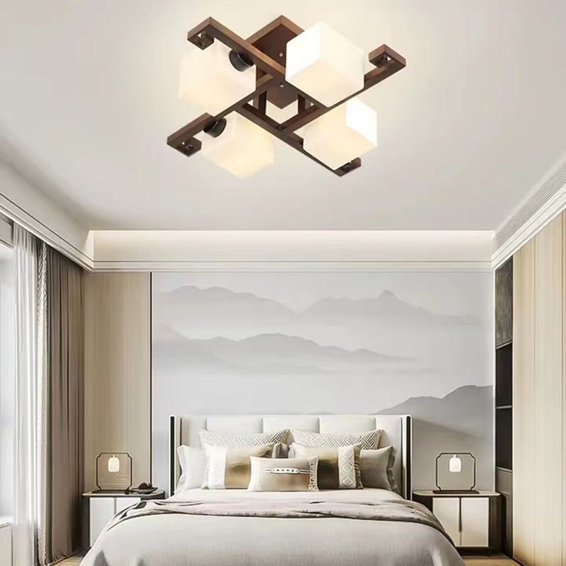 Modern Style Ball Shape Flush Mount Wood Ceiling Light in Brown for Living Room