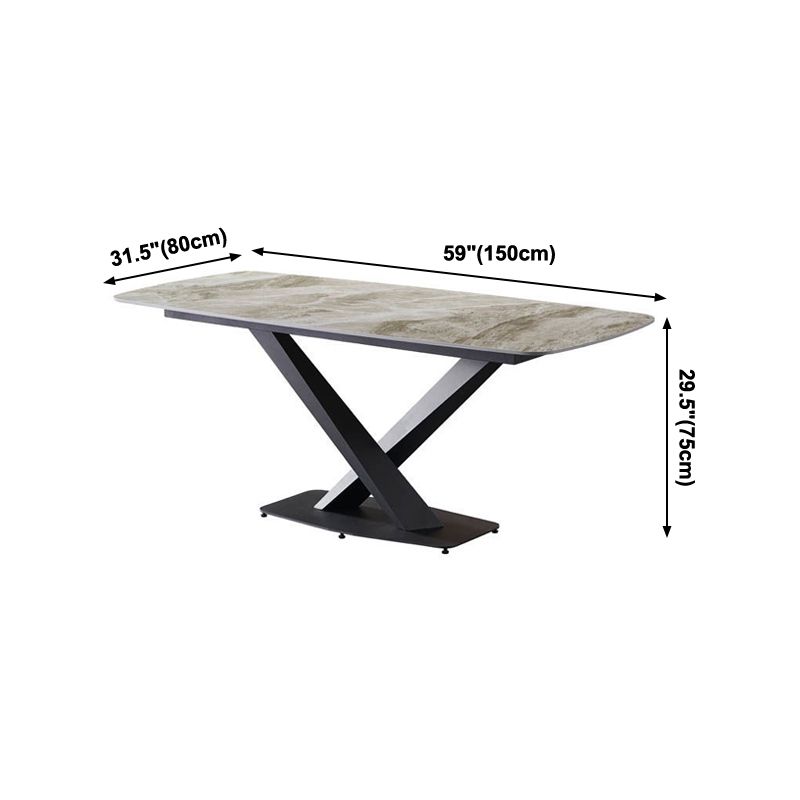 Mesa de comedor de lujo tradicional rectángulo Mesa de piedra sinterizada gris con base de pedestal de metal negro
