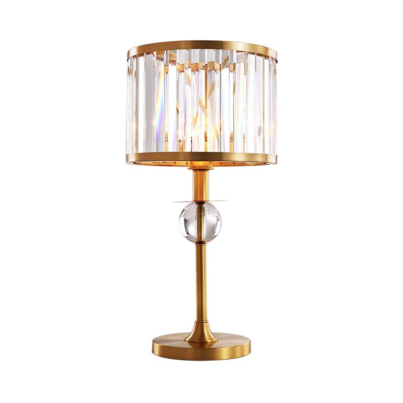 Brass 1 Head Night Table Light Post-Modern Prismatic Crystal Drum Shade Nightstand Lamp