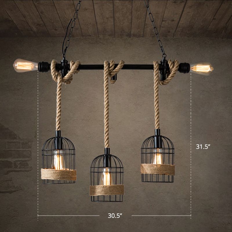 Birdcage Rope Island Ceiling Light Rustic 5-Light Dining Room Pendant Lighting in Black