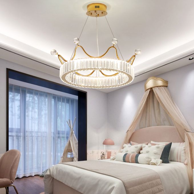 Beveled K9 Crystal Gold Pendant Light Crown Contemporary LED Ceiling Light for Bedroom