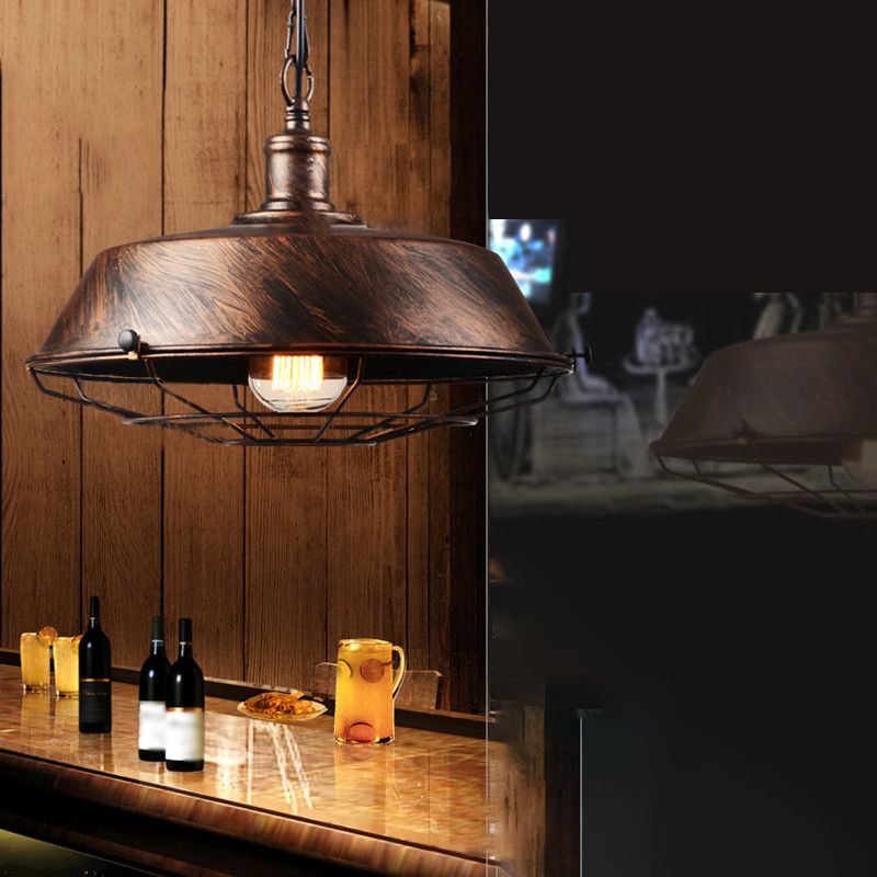 1-Light Wrought Iron Lid Shaped Hanging Light Retro Industry Style Iron Cage Shade Pendant Lamp for Restaurant