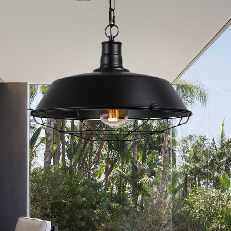 Farmhouse Stylish Barn Ceiling Light Fixture with Cage Shade 1 Bulb Metallic Pendant Lamp in Black, 10"/14"/18" Diameter