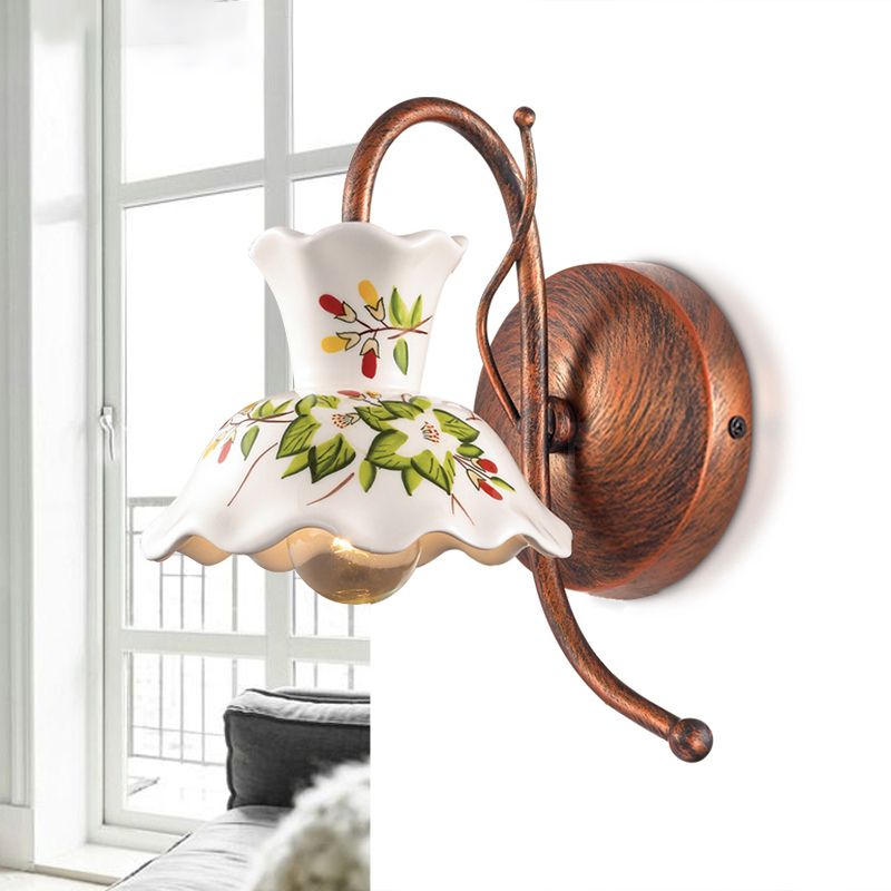 Farmhouse Smashhouse Smashoped Sconce 1 Bulb Flower Flowned Ceramic Wall Lamp a parete in bianco con braccio di guancia di rame meteorologico, sinistra/destra