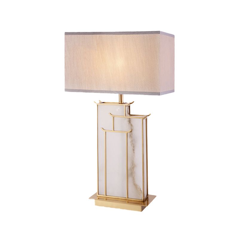 Lámpara de mesa rectangular moderna de tela con 1 bombilla, iluminación para tareas en color blanco con base de mármol