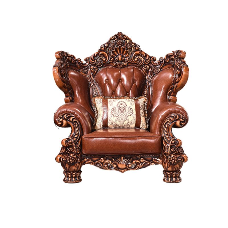 Genuine Leather Sofa Brown Tufted Split-Back Rolled Arm Sofa