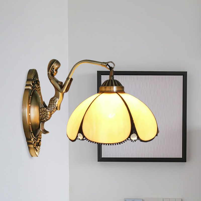 Flower Wall Lighting Fixture Mediterranean Beige Glass 1/2-Light Bronze Wall Light Sconce with Mermaid Arm for Bathroom
