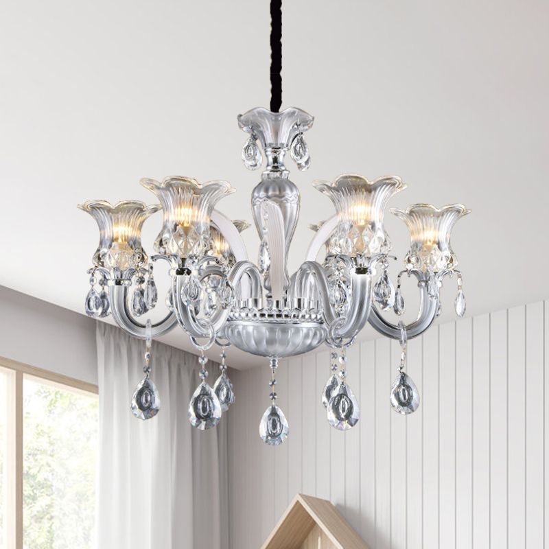Silver Lampada il lampadario da 6/8 Luci Light Lampada a filo in vetro a costola trasparente con goccia di cristallo