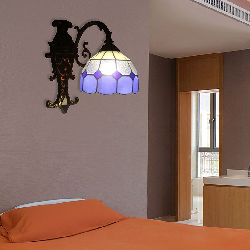 1 Light Grid Dome Wall Sconce Tiffany Vintage Glass Wall Light in Blue for Dining Room