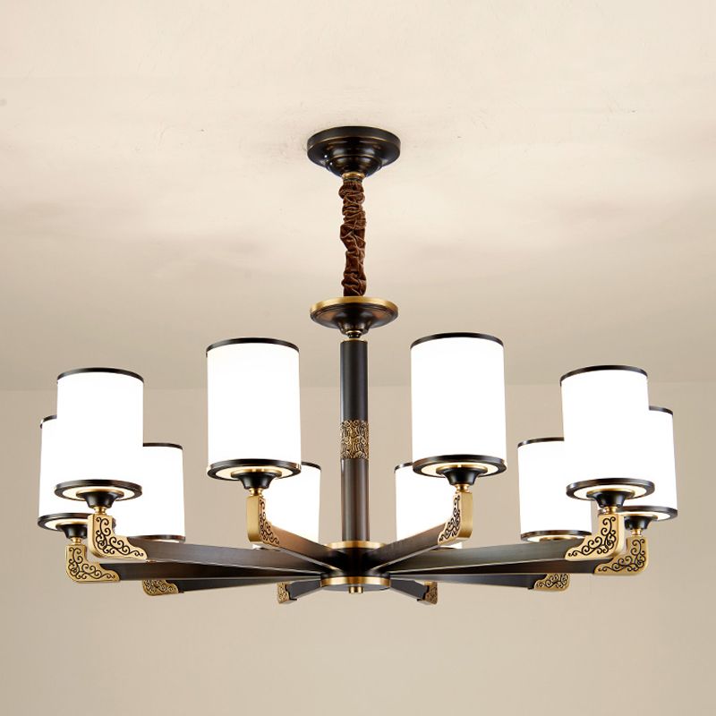 Modern Metal Pendant Light Cylindrical Glass Shade Chandelier Lighting for Bedroom