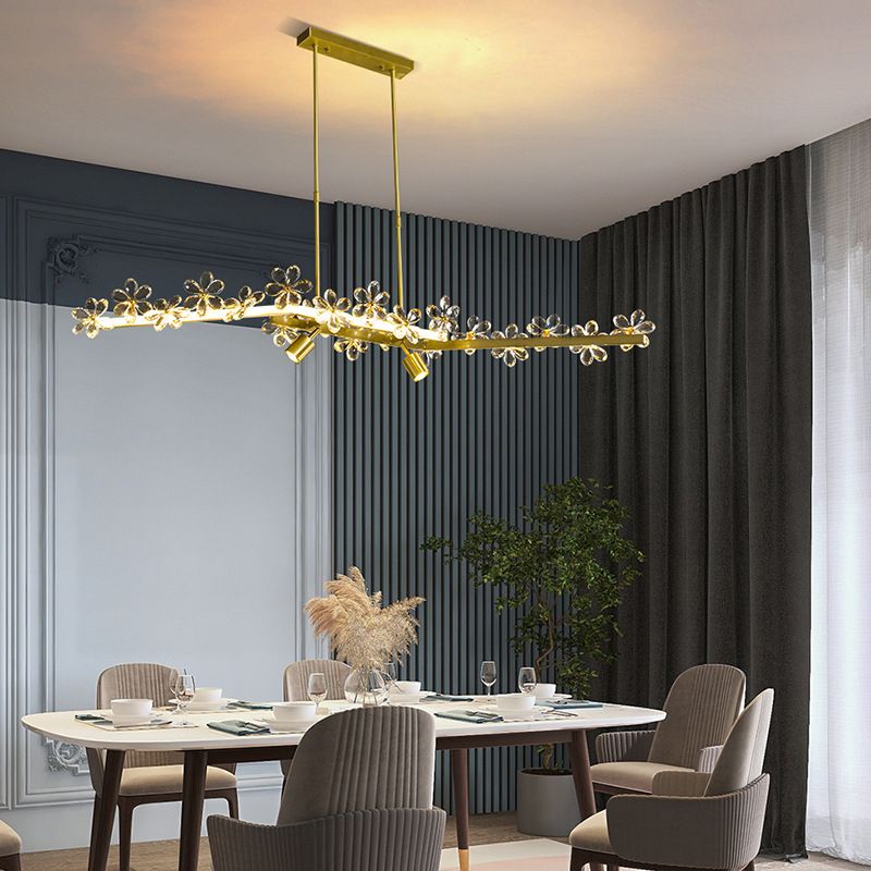 Floral Crystal Linear Island Light Postmodern Gold LED Pendant Light for Dining Room
