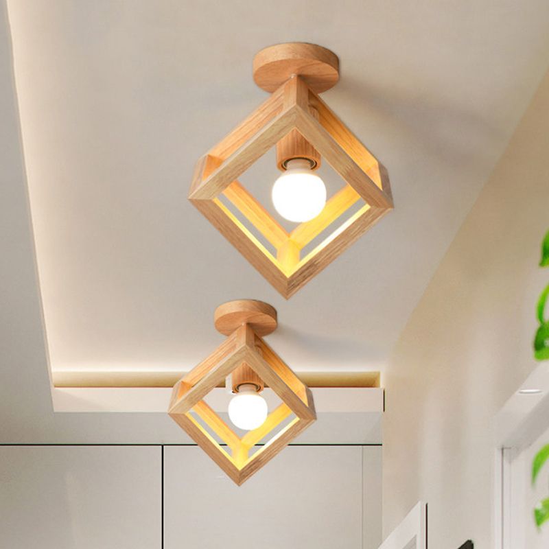 Houten kubus kooi semi-inbouwlamp Nordic 1 lamp beige plafondgemonteerde verlichtingsarmatuur voor gang