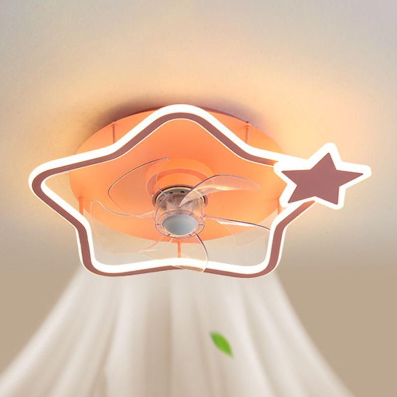 Loop Shaped Aluminum Fan Lighting Cartoon Pink Semi Flush Mounted Ceiling LED Light with Remote Control