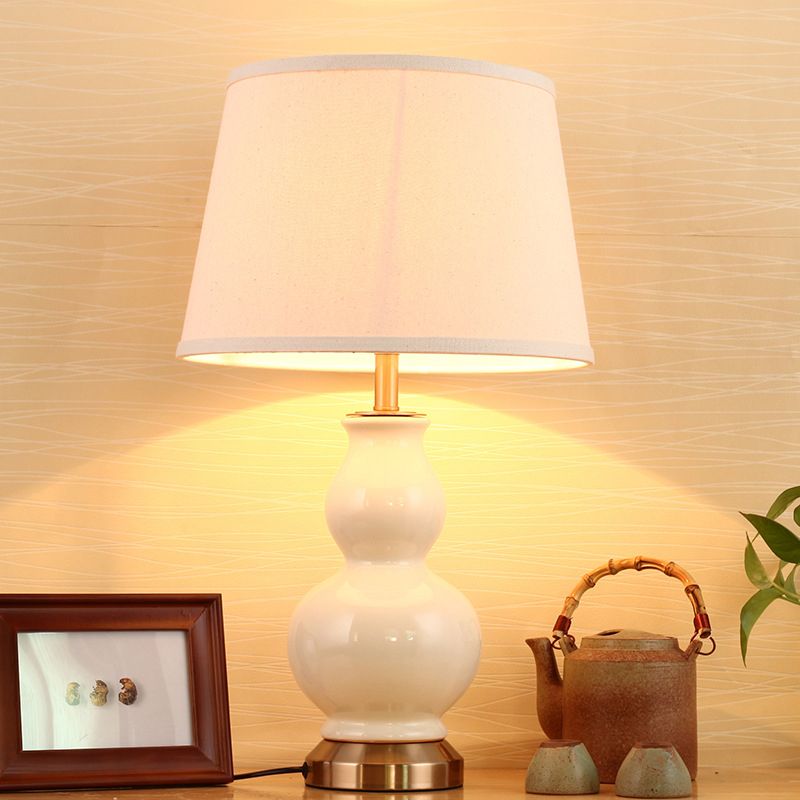 Curved Task Light Modern Ceramic 1 Bulb Pink/White Nightstand Lamp with Fabric Shade, 13"/16" Wide