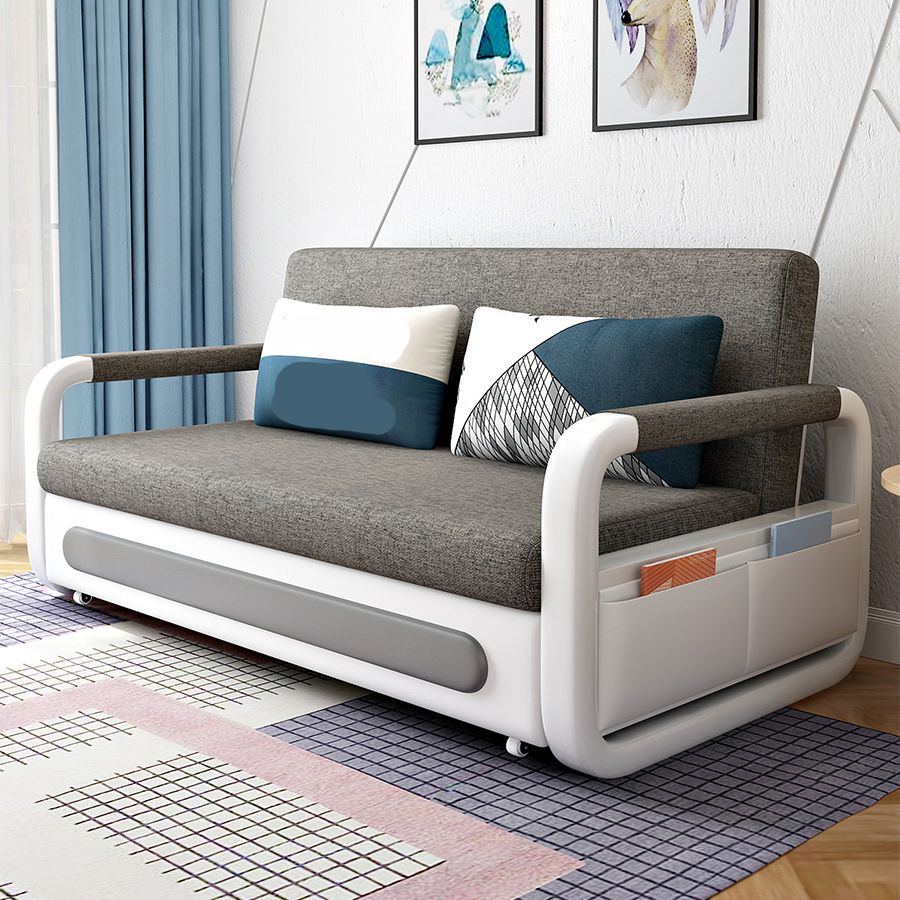 Linen Convertible Sofa Bed with Square Arms and Storage in Grey