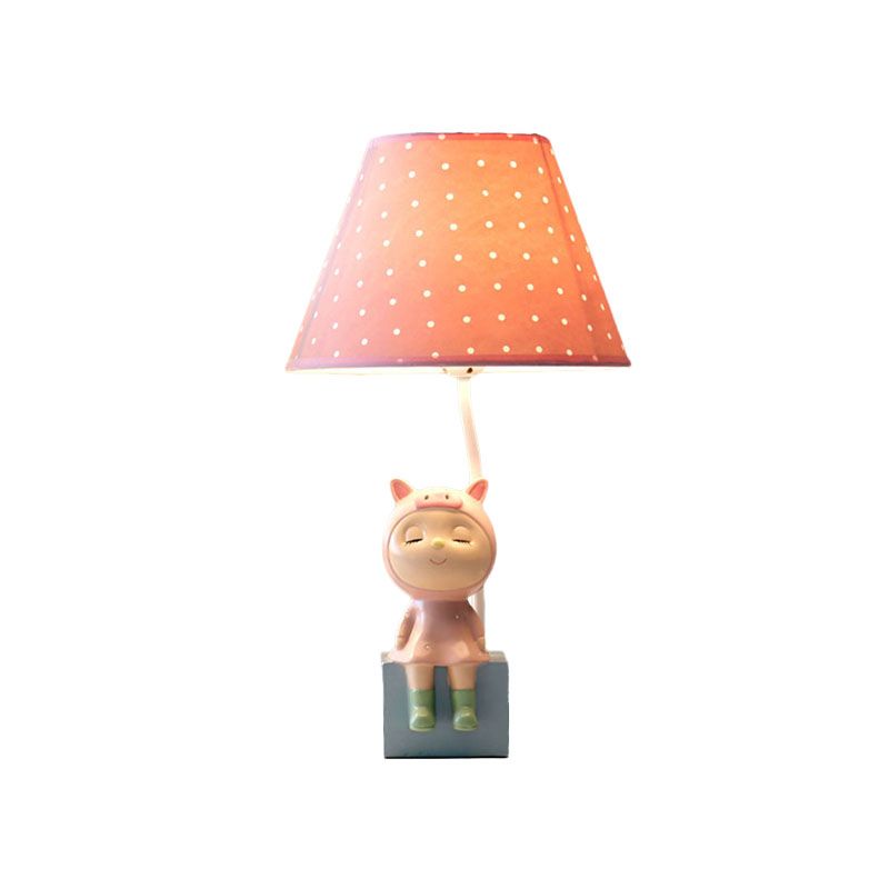 Spot Cone Shade Fabric Table Lamp Kids 1-Light White/Red Night Stand Light with Piggy/Rabbit Base