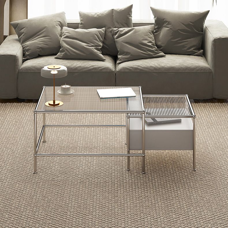 Modern 2 Nesting Glass Coffee Table Set Steel 4 Legs 1 - Drawer Cocktail Table