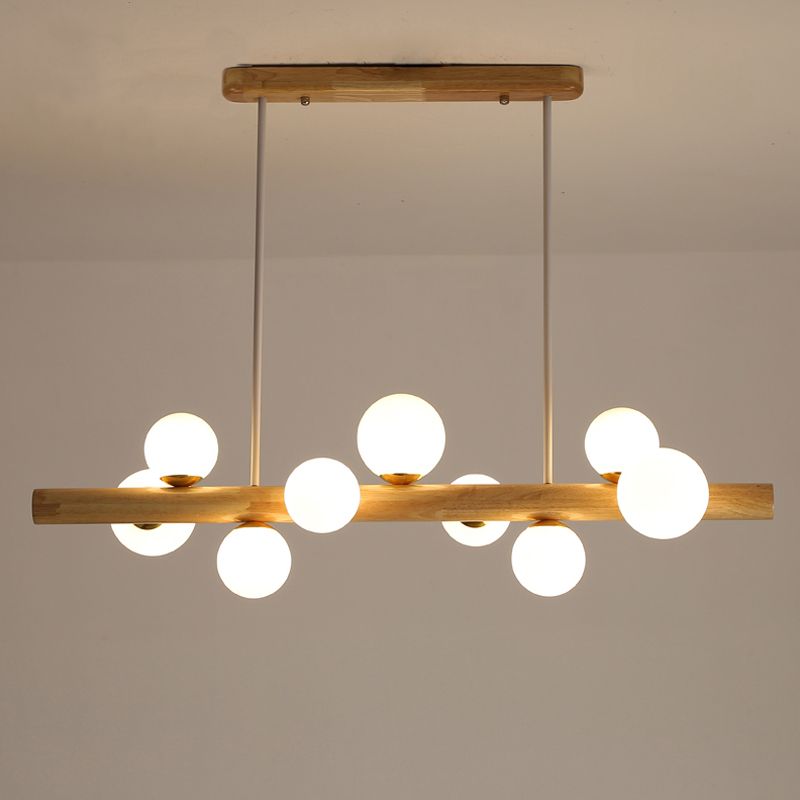 Linear Dining Room Island Light Wooden LED Simple Hanging Ceiling Light with Cream Glass Shade