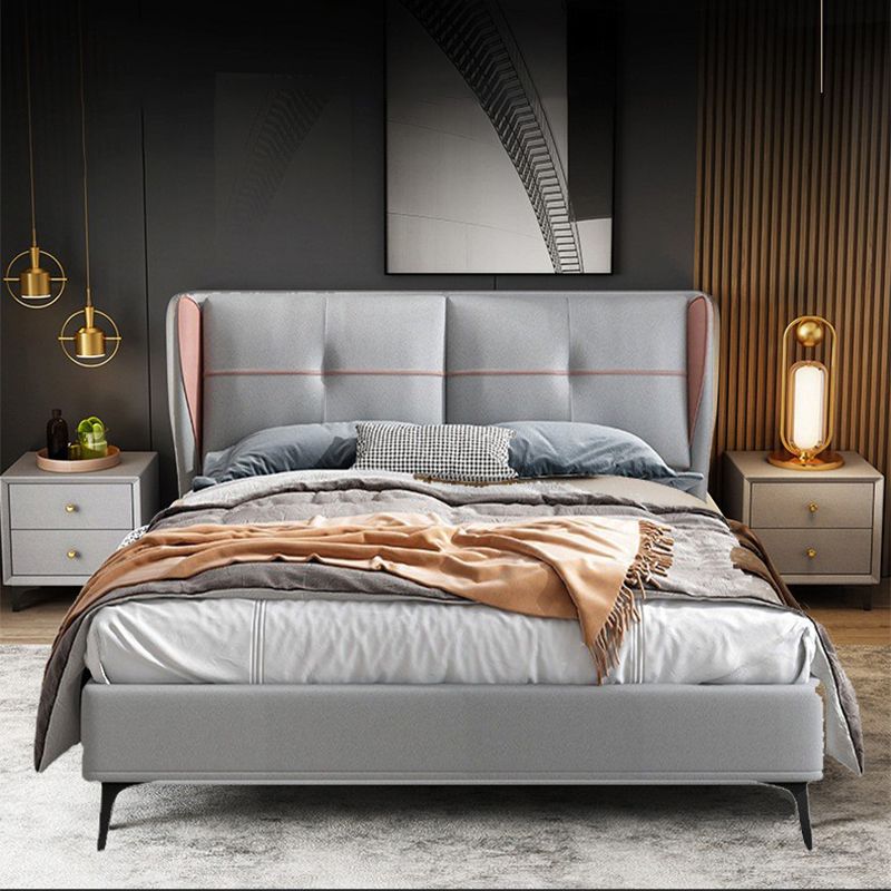 Modern Grey Wingback Bed with Tufted Rectangle Headboard and Metal Legs