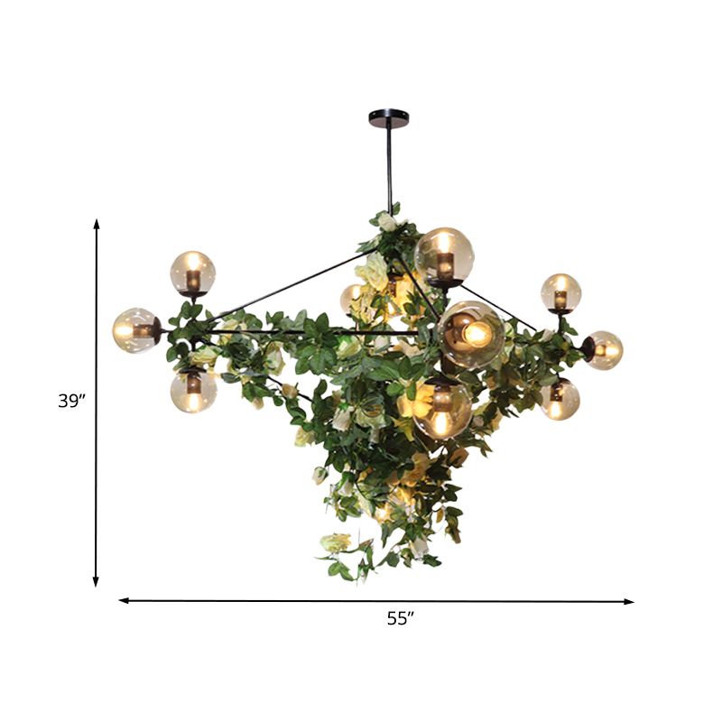 10/14-Bulb Island Pendant Industrial Globe Smoke Gray Glass Hanging Light in Black with Geometric Cage