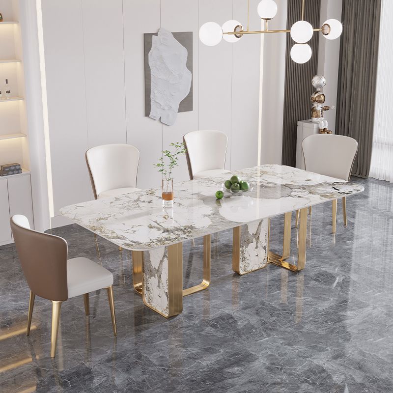 Luxury Sintered Stone Top Table Rectangle Table with Double Pedestal in Gold