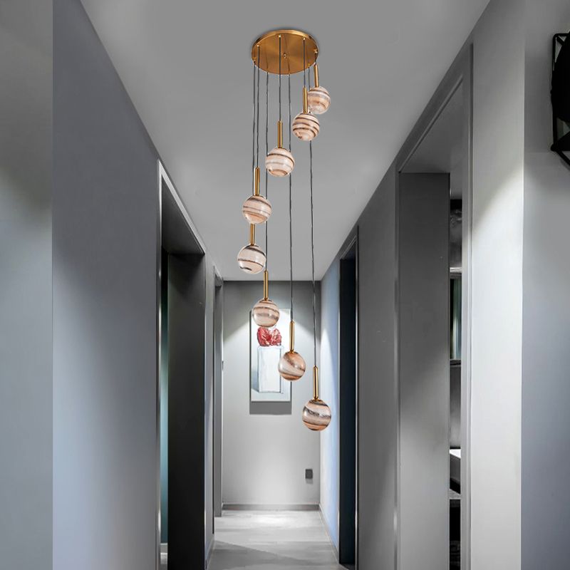 Lámpara de techo colgante de 8 luces colgante de clúster de vidrio marrón marrón moderno con diseño de espiral