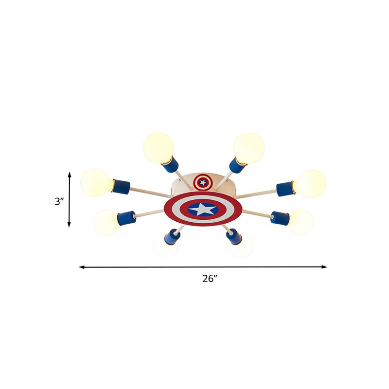 Kids Sputnik Semi Flush Light Metal 8 Heads Bedroom Ceiling Flush Mount in Red and Blue