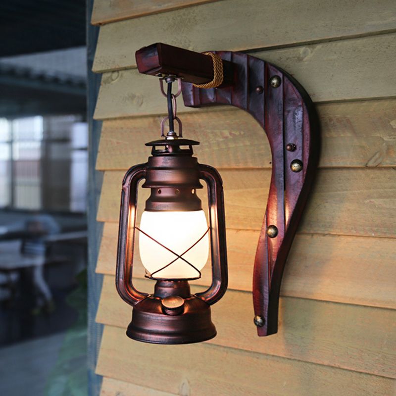 Rame antico una luce leggera leggera leggera rustica in vetro di vetro di cherosene illuminazione con retro in legno