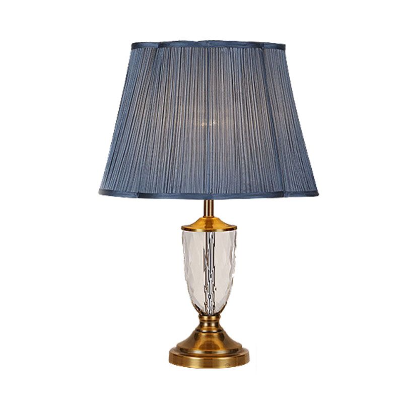 Blue Pleated Shade Night Table Lamp Rural Crystal 1 Light Bedroom Nightstand Light
