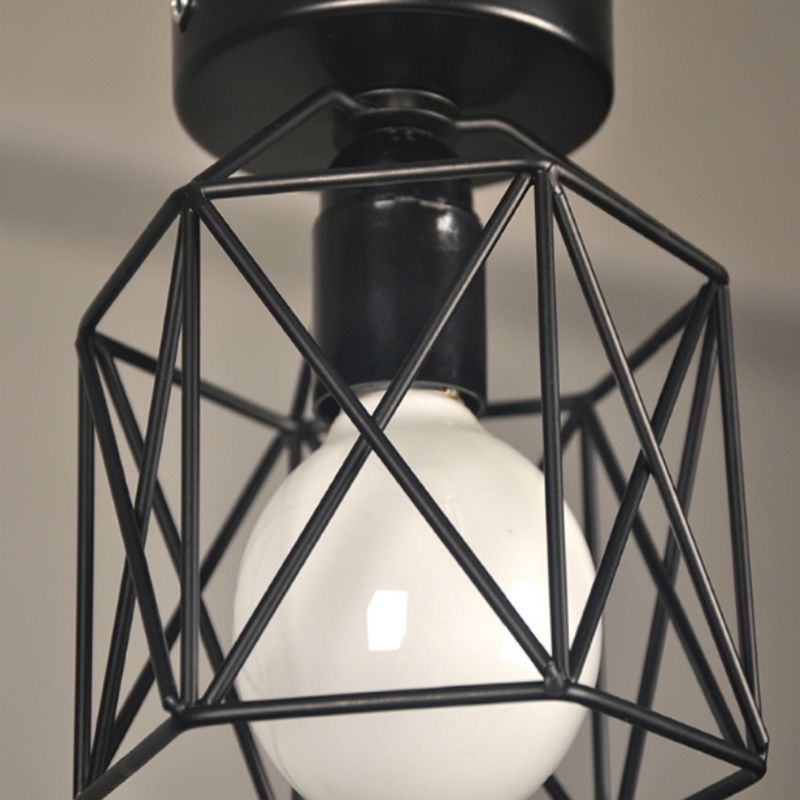 Soporte empotrado de techo de metal negro retro prismático para montaje en techo con jaula de alambre