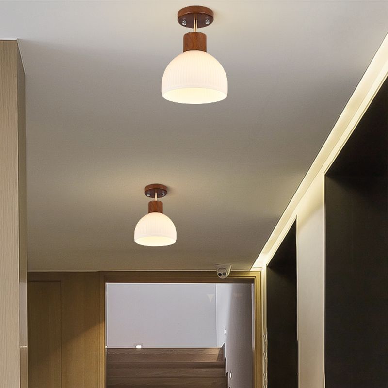 Contemporary Glass Shade Semi Flush Wooden Semi Mount Lighting for Living Room