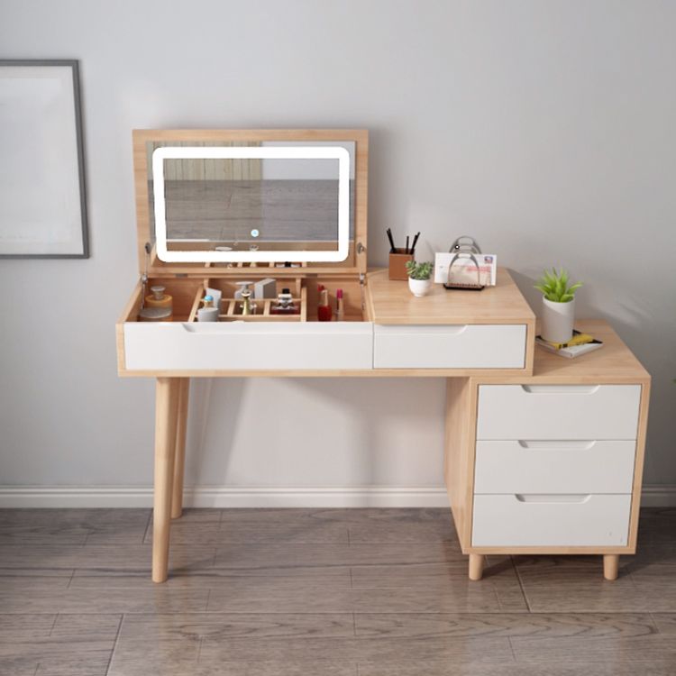 Modern Rubberwood Dressing Table Set with Stool 1-Mirror Wood Vanity Table