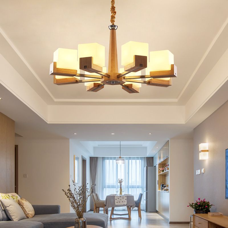 Frosted White Glass Cube Chandelier Modern Wood Ceiling Suspension Lamp for Living Room