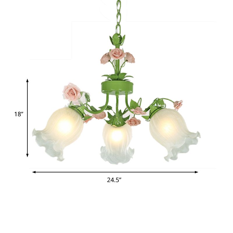 Pastoral Flower Hanging Pendant 3/5 Heads White Glass Chandelier Lighting Fixture in Green for Living Room
