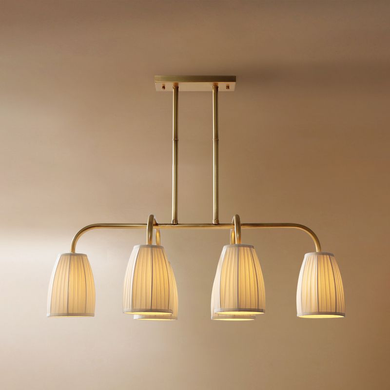 3/6 Bulbs Hanging Chandelier Rural Dress Shaped Pleated Fabric Pendant Ceiling Light in Gold over Dining Table