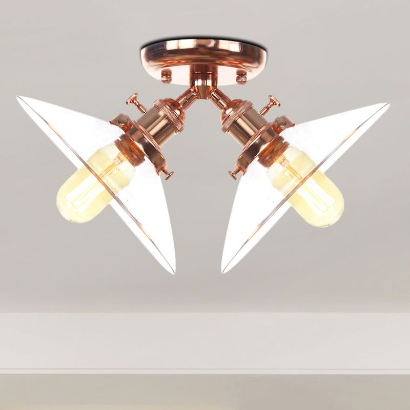 Lámpara cónica semi empotrada para restaurante, cristal transparente, 2 luces, montaje empotrado en techo, estilo Industrial, en negro/bronce