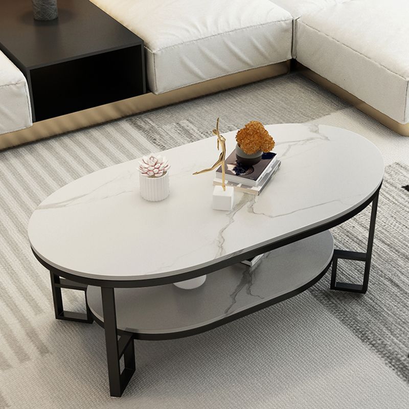 4 Legs Cocktail Table Shelf Included Oval Stone Coffee Table