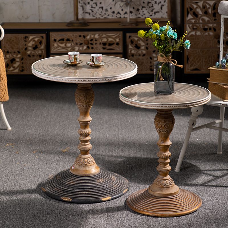 French Country Pedestal End Table Solid Wood Antique Brown/White Side Table