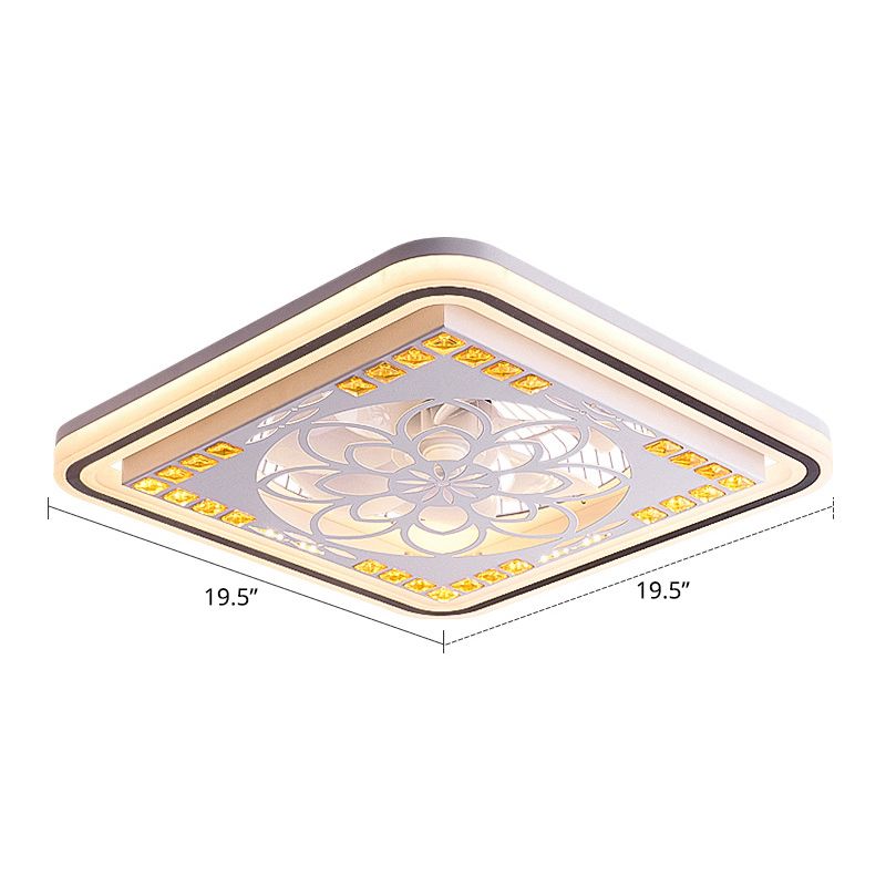 19,5 "W ausgehöhlte quadratische Semi-Flush-Licht moderne Kristallschlafzimmer Fernsteuerlüfter Lampe in Weiß