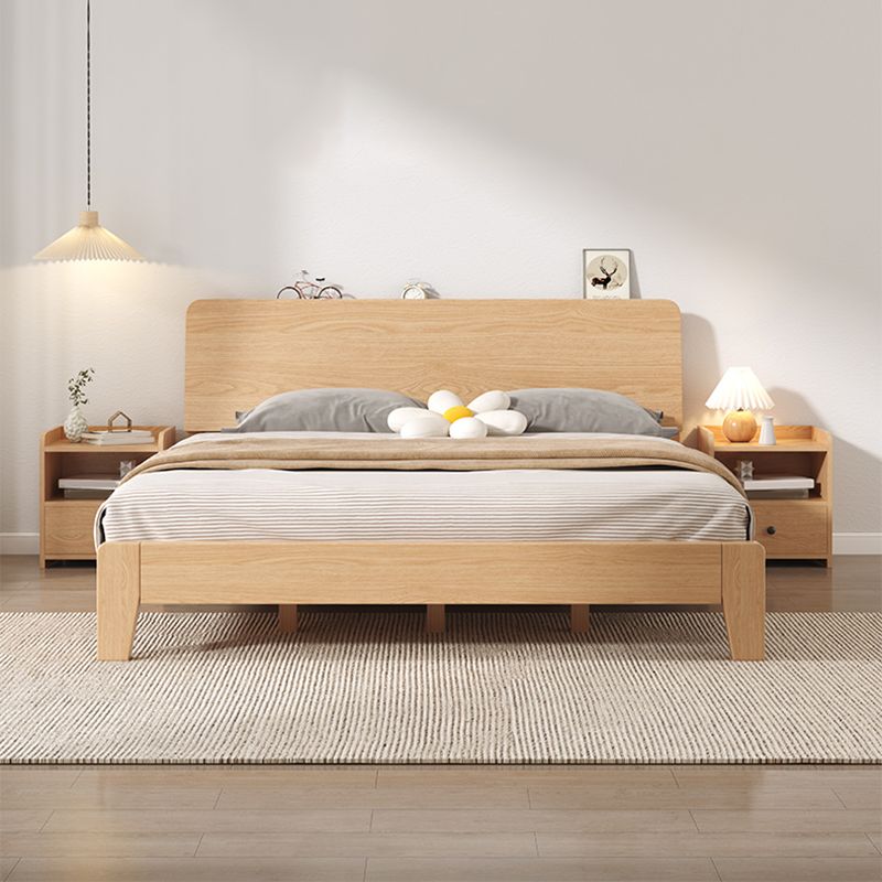 Natural Solid Wood Panel Bed with Headboard Pine Wood Standard Bed