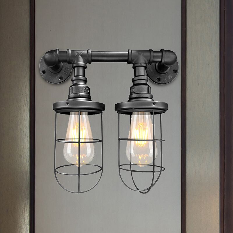 Wire Cage Iron Sconce Light Fixture Farmhouse 2 Bulbs Coffee Shop Wall Mount Pipe Lamp in Black/Brass