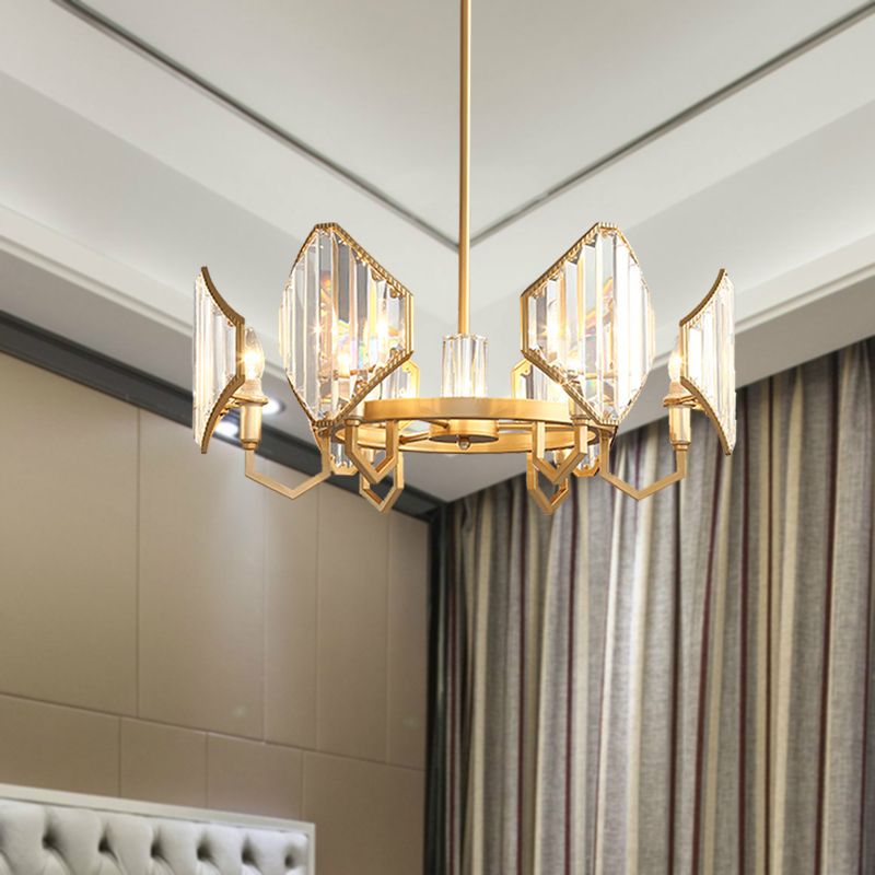 Gold Candle Hanging Pendant Light Postmodern 6/8 Lights Rectangle-Cut Crystal Chandelier Light