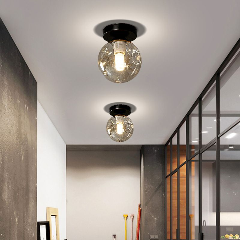 Sphere Shape Flush Light Modern Style Glass 1 Light Flush Ceiling Light in Black / Amber