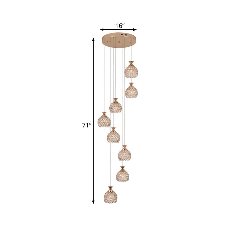 Gold 8-Light Hanging Lighting Contemporary Crystal Dome Shade Multi Lamp Pendant with Spiral Design