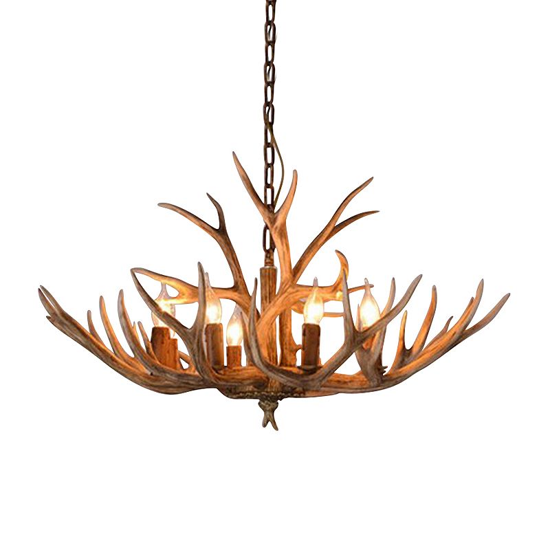 Brown 8 Heads Chandelier Pendant Lamp Countryside Resin Candle Hanging Ceiling Light with Antler Design