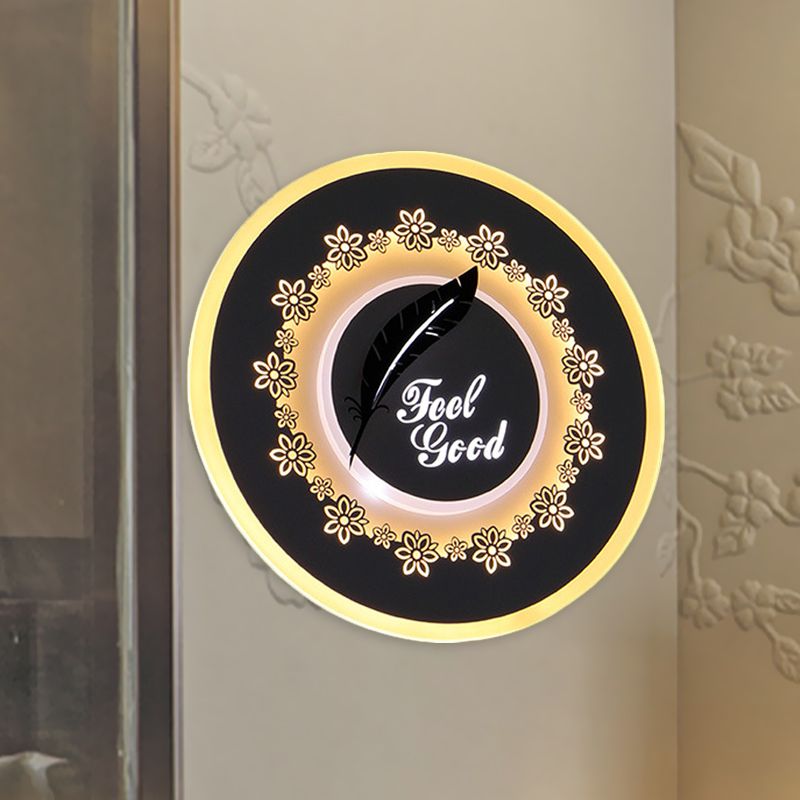 Rounded Corridor Wall Mount Light Fixture Acrylic LED Simple Wall Mural Lamp in Black with Feather/Blossom Pattern