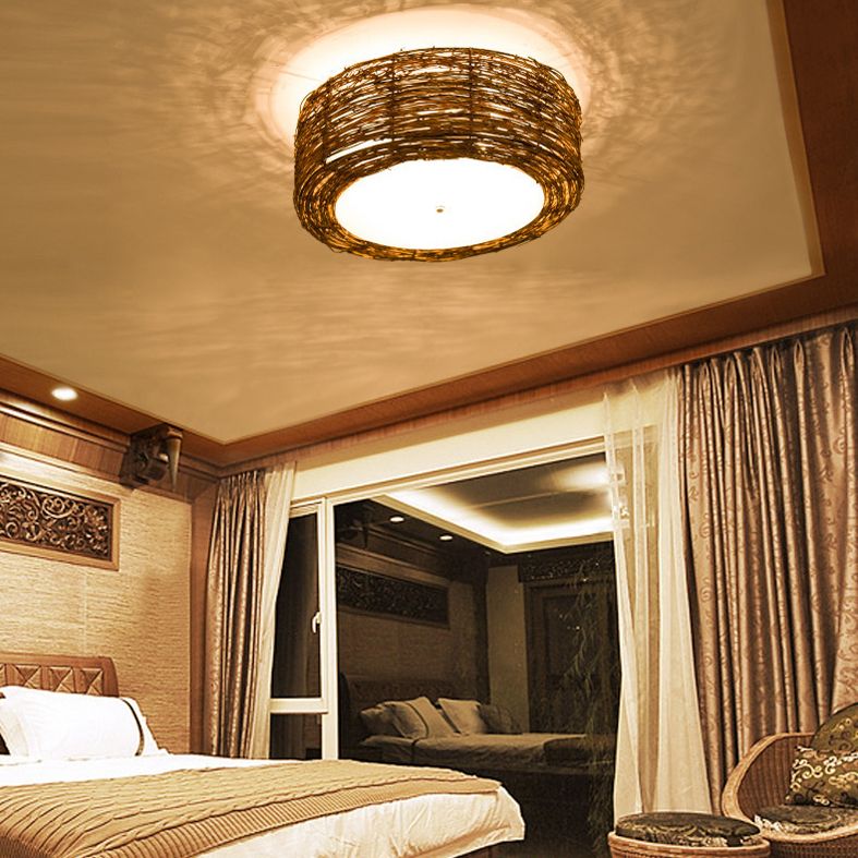 Rattan Rustic Flush Mount Ceiling Light Fixtures 1 Light Drum Flush Ceiling Light Fixture for Bedroom