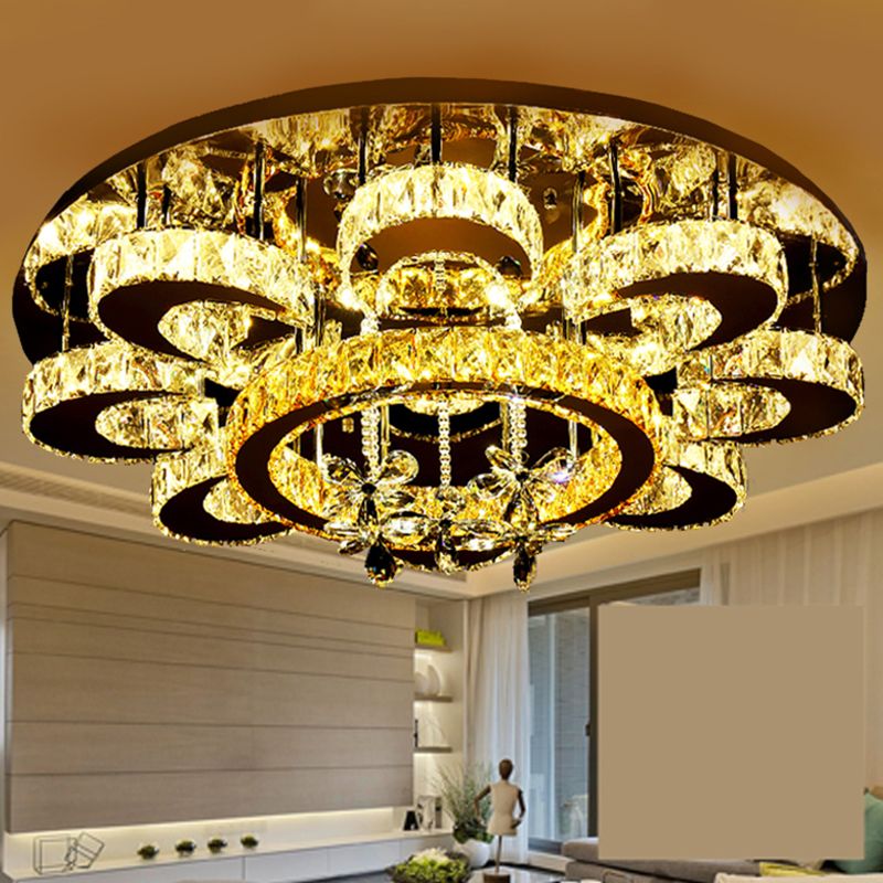 Lámpara de techo LED redonda con incrustaciones de cristal, lámpara semi empotrada de acero inoxidable de estilo moderno