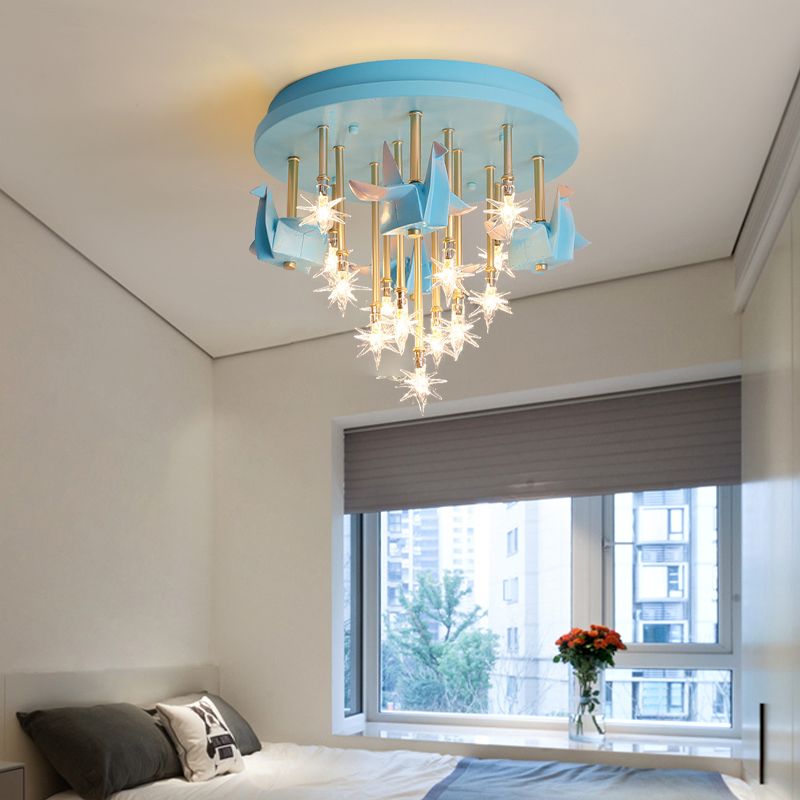 Resin Horse/Bird/Crane Ceiling Light Fixture Kids 13/16 Lights Blue/Pink Flush Mount Lighting with Clear Glass Shade