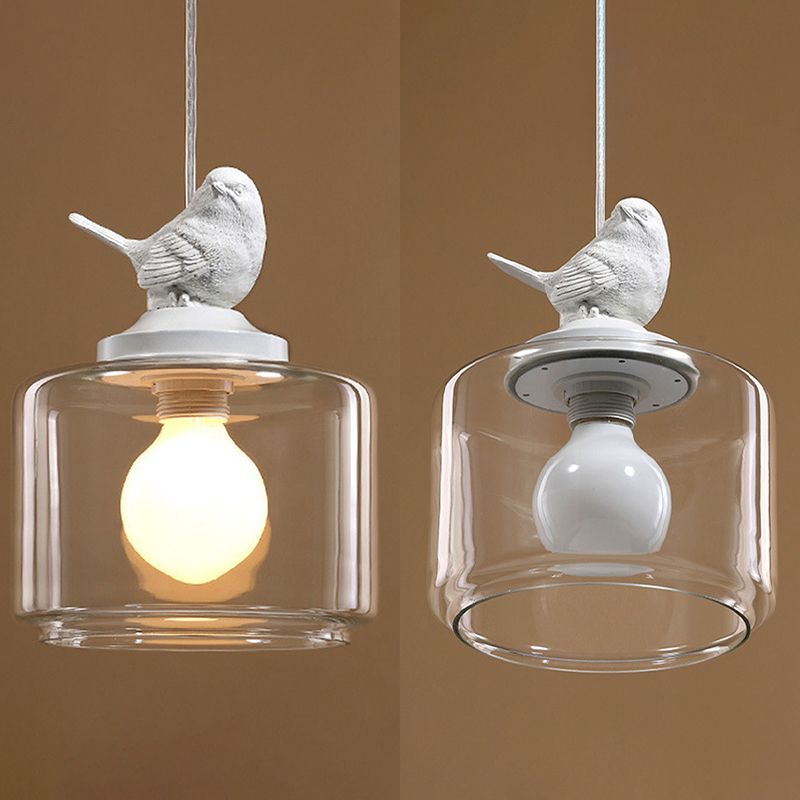 Drum Pendant Lighting Modern Clear Glass 1-Light White Hanging Light with Resin Bird Decor